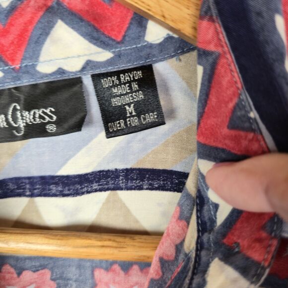 Lemon Grass Boho Button Front Blouse Shirt M Vintage Rayon Bold Abstract Print - Picture 7 of 11